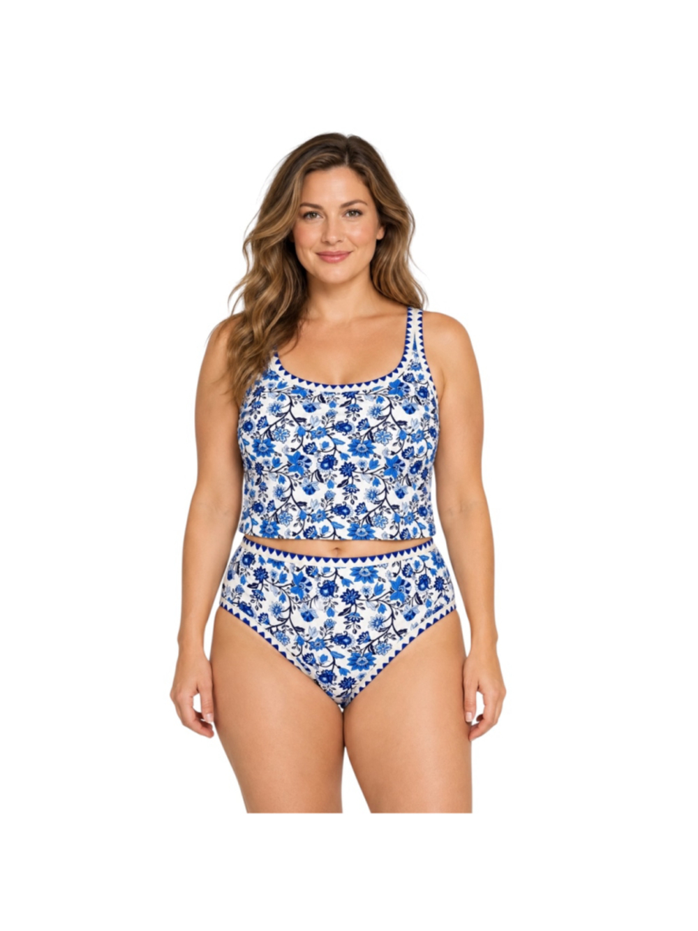 ZAFUL Blue White Floral High-Waisted Tankini Swimsuit Set M NWT